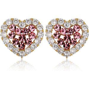 Women's Pink Clear Crystal Cute Heart Stud Gold Plated Lightweight Earrings